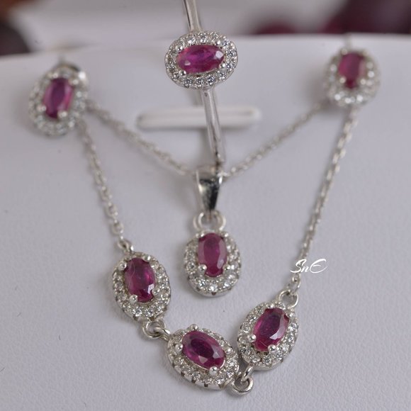 NEW 925 STERLING SILVER REAL GENUINE NATURAL RUBY SET 7 - Picture 3 of 10
